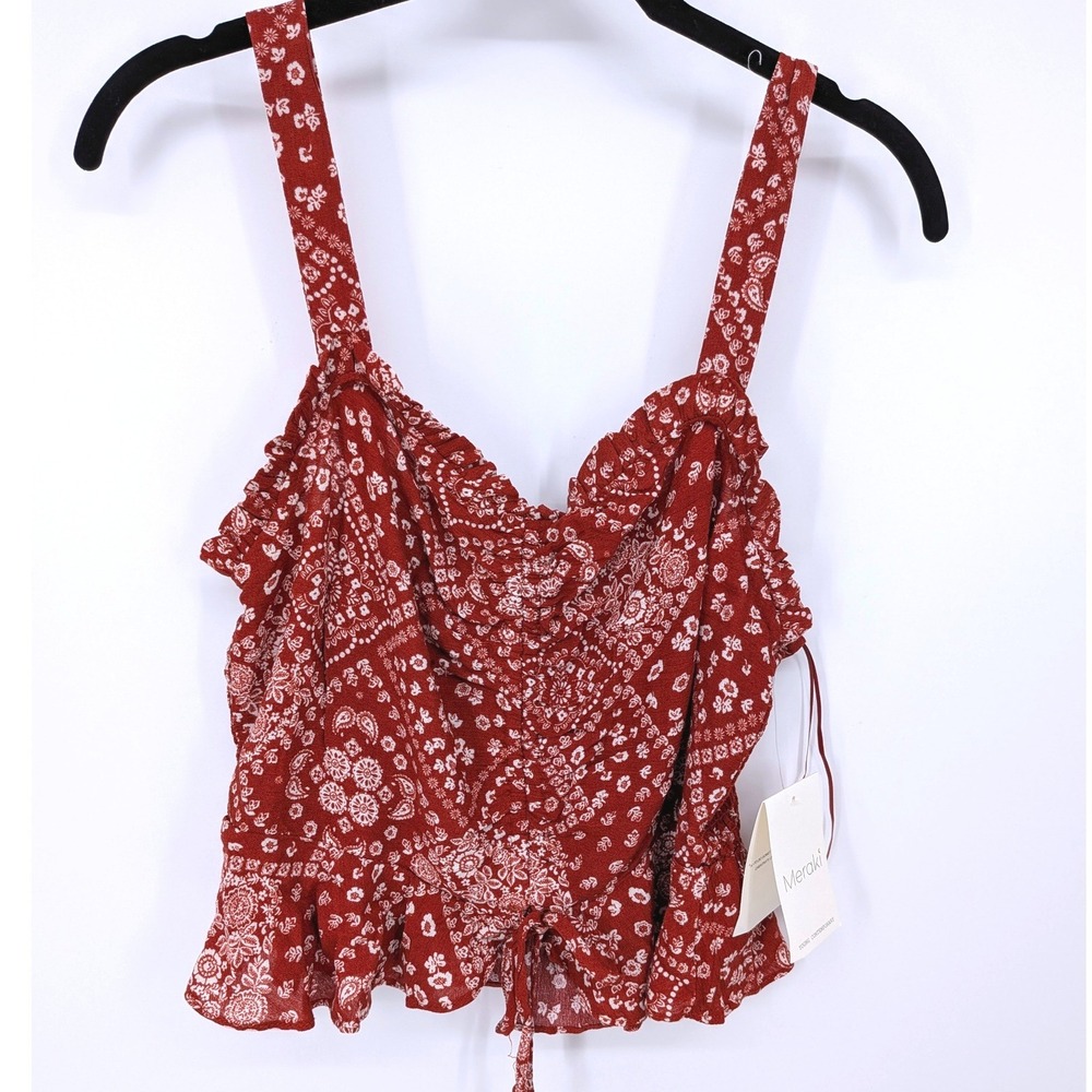 Meraki Tank Top Women Large Rust Red Bandana Boho Ruffle Ruched Cropped Western
